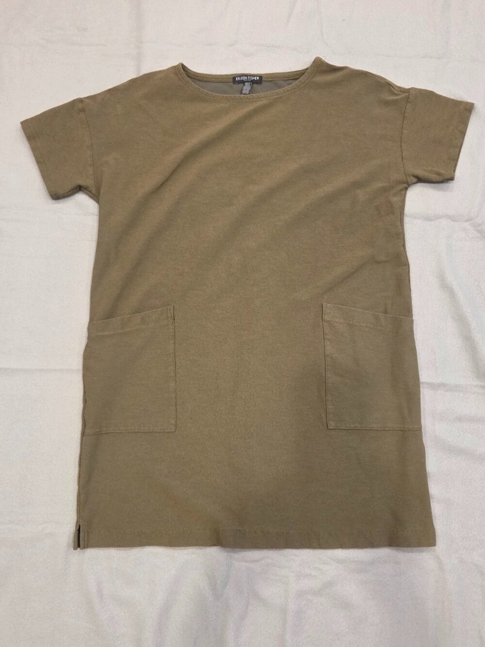 Eileen Fisher Stretch Crepe Dress Front Patch Pockets Olive Green Petite XS